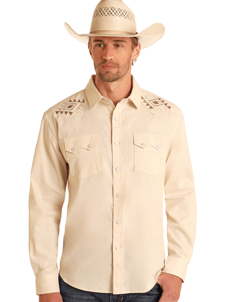 Panhandle PMN2S05741 Mens Aztec Embroidered Long Sleeve Snap Western Shirt Natural front view. If you need any assistance with this item or the purchase of this item please call us at five six one seven four eight eight eight zero one Monday through Saturday 10:00a.m EST to 8:00 p.m EST