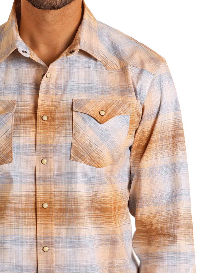 Panhandle PMN2S05753 Mens Modern Vintage Ombre Plaid Long Sleeve Snap Shirt Tan front view. If you need any assistance with this item or the purchase of this item please call us at five six one seven four eight eight eight zero one Monday through Saturday 10:00a.m EST to 8:00 p.m EST