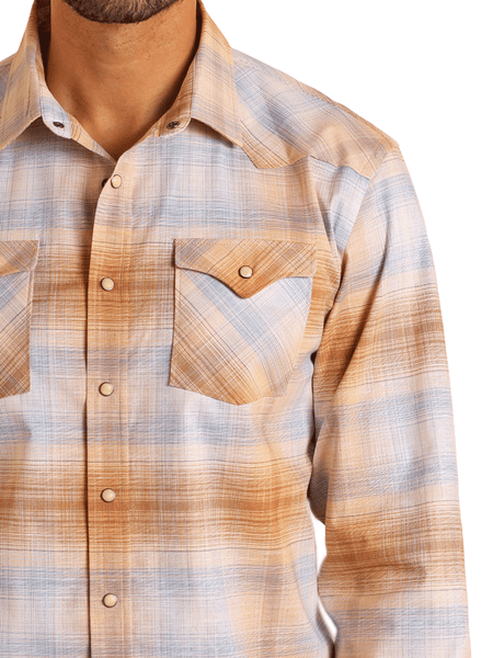 Panhandle PMN2S05753 Mens Modern Vintage Ombre Plaid Long Sleeve Snap Shirt Tan front close up view. If you need any assistance with this item or the purchase of this item please call us at five six one seven four eight eight eight zero one Monday through Saturday 10:00a.m EST to 8:00 p.m EST