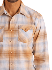 Panhandle PMN2S05753 Mens Modern Vintage Ombre Plaid Long Sleeve Snap Shirt Tan front close up view. If you need any assistance with this item or the purchase of this item please call us at five six one seven four eight eight eight zero one Monday through Saturday 10:00a.m EST to 8:00 p.m EST