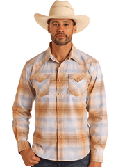 Panhandle PMN2S05753 Mens Modern Vintage Ombre Plaid Long Sleeve Snap Shirt Tan front view. If you need any assistance with this item or the purchase of this item please call us at five six one seven four eight eight eight zero one Monday through Saturday 10:00a.m EST to 8:00 p.m EST