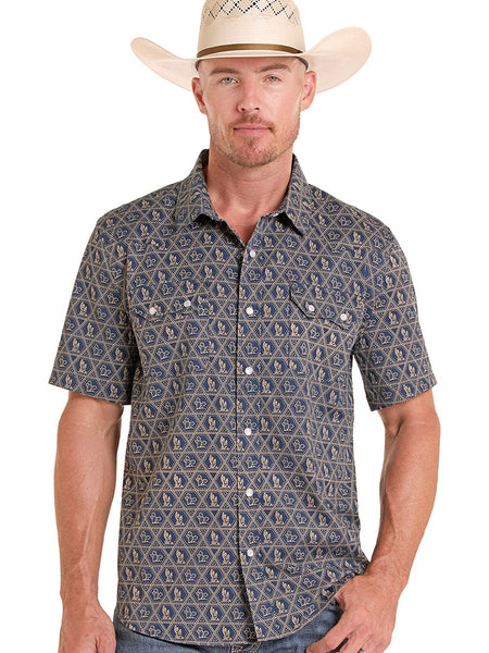 Panhandle PMN9S08907 Mens Modern Vintage Short Sleeve Western Shirt Indigo front view. If you need any assistance with this item or the purchase of this item please call us at five six one seven four eight eight eight zero one Monday through Saturday 10:00a.m EST to 8:00 p.m EST