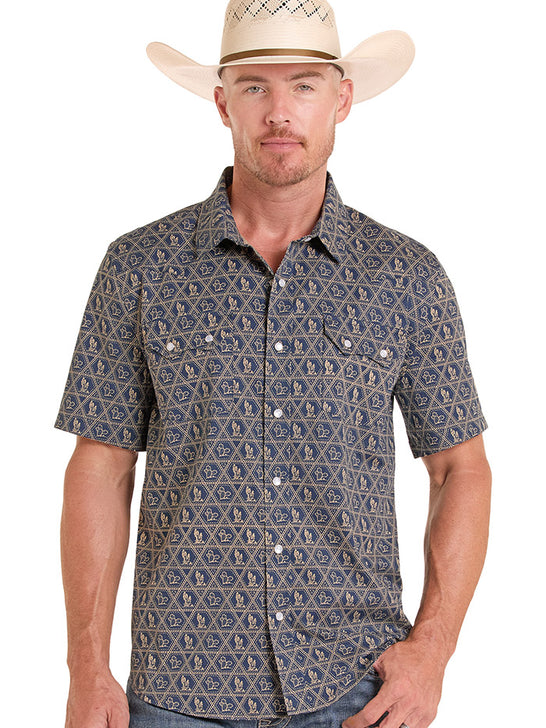 Panhandle PMN9S08907 Mens Modern Vintage Short Sleeve Western Shirt Indigo front view. If you need any assistance with this item or the purchase of this item please call us at five six one seven four eight eight eight zero one Monday through Saturday 10:00a.m EST to 8:00 p.m EST