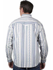 Scully PS-394 Mens Stripe Longhorn Print Western Shirt Blue back view. If you need any assistance with this item or the purchase of this item please call us at five six one seven four eight eight eight zero one Monday through Saturday 10:00a.m EST to 8:00 p.m EST