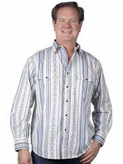 Scully PS-394 Mens Stripe Longhorn Print Western Shirt Blue front view. If you need any assistance with this item or the purchase of this item please call us at five six one seven four eight eight eight zero one Monday through Saturday 10:00a.m EST to 8:00 p.m EST
