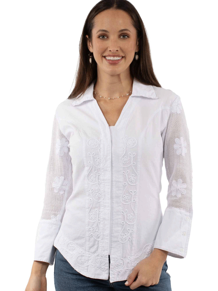 Scully PSL-274-WHT Womens Embroidered Blouse White front view. If you need any assistance with this item or the purchase of this item please call us at five six one seven four eight eight eight zero one Monday through Saturday 10:00a.m EST to 8:00 p.m EST
