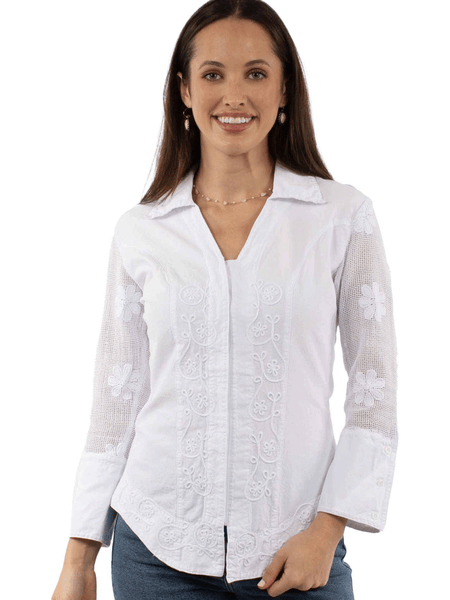Scully PSL-274-WHT Womens Embroidered Blouse White front view. If you need any assistance with this item or the purchase of this item please call us at five six one seven four eight eight eight zero one Monday through Saturday 10:00a.m EST to 8:00 p.m EST
