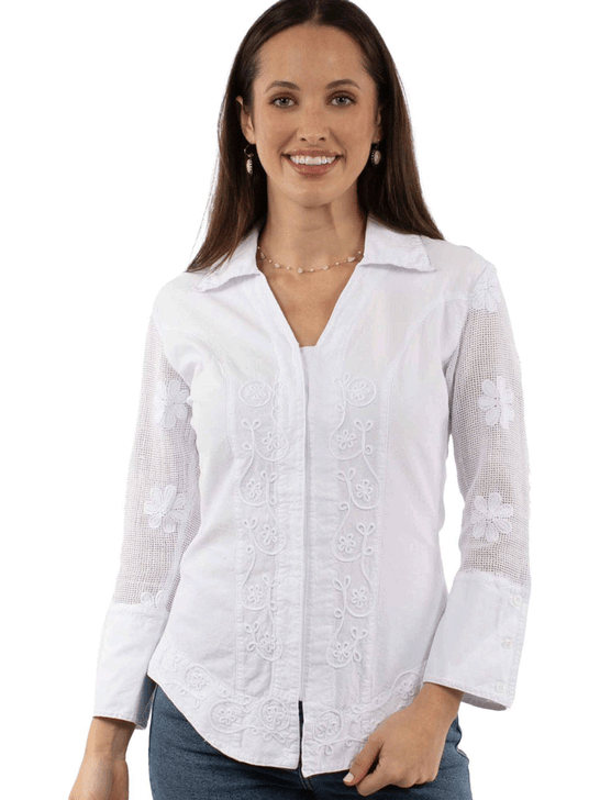 Scully PSL-274-WHT Womens Embroidered Blouse White front view. If you need any assistance with this item or the purchase of this item please call us at five six one seven four eight eight eight zero one Monday through Saturday 10:00a.m EST to 8:00 p.m EST

