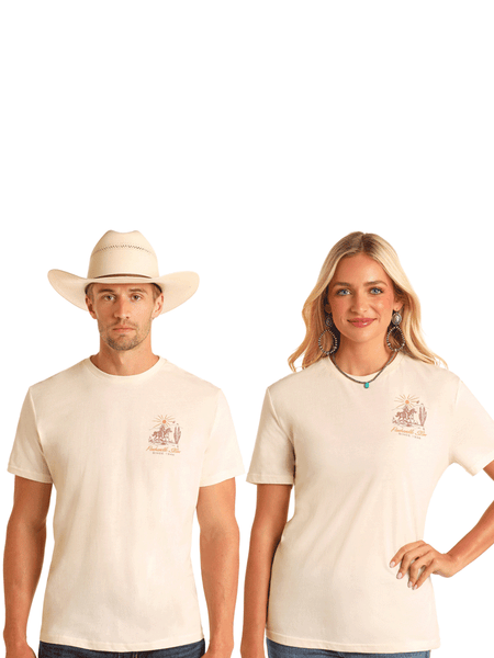 Panhandle PU21T05770 Unisex Keepin it Western Graphic Tee Natural front view on male and female models. If you need any assistance with this item or the purchase of this item please call us at five six one seven four eight eight eight zero one Monday through Saturday 10:00a.m EST to 8:00 p.m EST