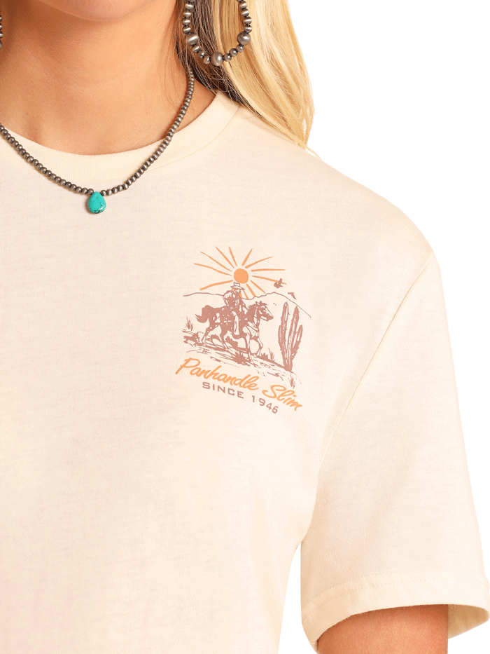 Panhandle PU21T05770 Unisex Keepin it Western Graphic Tee Natural back view close up. If you need any assistance with this item or the purchase of this item please call us at five six one seven four eight eight eight zero one Monday through Saturday 10:00a.m EST to 8:00 p.m EST