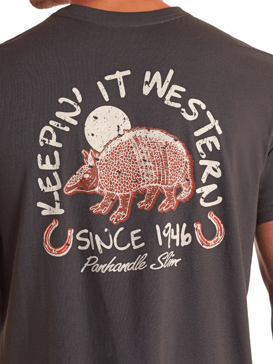 Panhandle PU21T05779 Mens Keepin' It Western Armadillo Graphic T-Shirt Charcoal back view.If you need any assistance with this item or the purchase of this item please call us at five six one seven four eight eight eight zero one Monday through Saturday 10:00a.m EST to 8:00 p.m EST