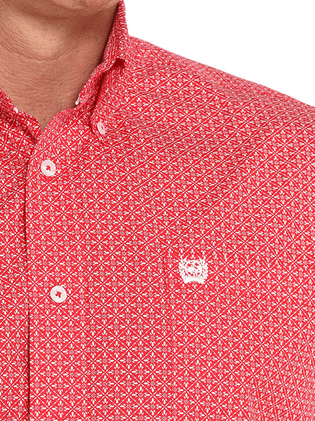 Cinch MTW1105993 Mens Long Sleeve Geometric Print Shirt Red close up. If you need any assistance with this item or the purchase of this item please call us at five six one seven four eight eight eight zero one Monday through Saturday 10:00a.m EST to 8:00 p.m EST 