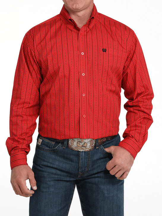 Cinch MTW1105991 Mens Long Sleeve Weave Stripe Print Shirt Red front view. If you need any assistance with this item or the purchase of this item please call us at five six one seven four eight eight eight zero one Monday through Saturday 10:00a.m EST to 8:00 p.m EST
