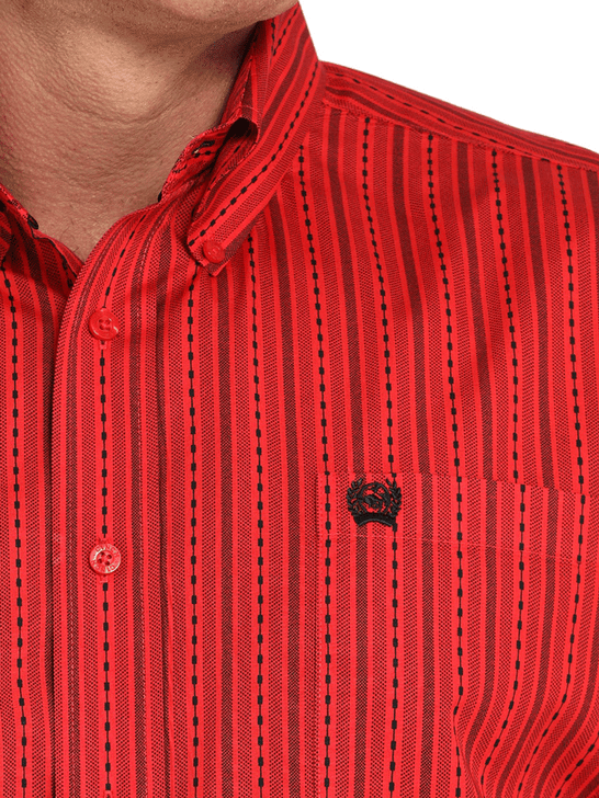 Cinch MTW1105991 Mens Long Sleeve Weave Stripe Print Shirt Red close up view. If you need any assistance with this item or the purchase of this item please call us at five six one seven four eight eight eight zero one Monday through Saturday 10:00a.m EST to 8:00 p.m EST