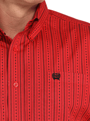 Cinch MTW1105991 Mens Long Sleeve Weave Stripe Print Shirt Red close up view. If you need any assistance with this item or the purchase of this item please call us at five six one seven four eight eight eight zero one Monday through Saturday 10:00a.m EST to 8:00 p.m EST