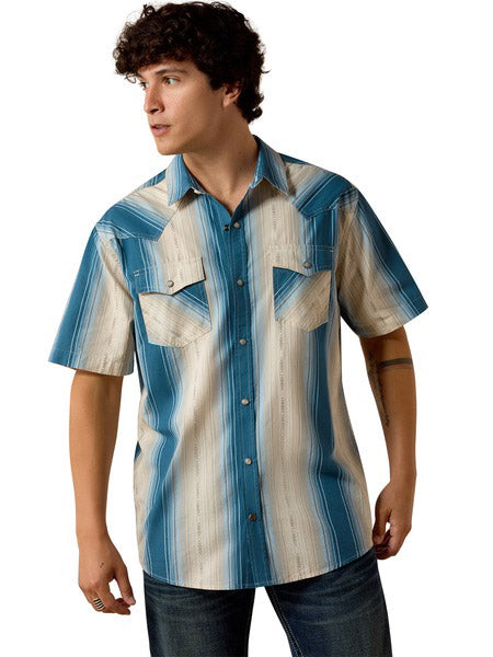 Ariat 10073573 Mens Retro Hyland Fitted Snap Short Sleeve Shirt Colonial Blue Stripe front view. If you need any assistance with this item or the purchase of this item please call us at five six one seven four eight eight eight zero one Monday through Saturday 10:00a.m EST to 8:00 p.m EST
