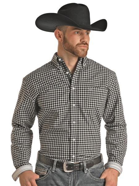 Panhandle RMB2S02827 Mens Long Sleeve Button Down Western Shirt Black front view on model. If you need any assistance with this item or the purchase of this item please call us at five six one seven four eight eight eight zero one Monday through Saturday 10:00a.m EST to 8:00 p.m EST