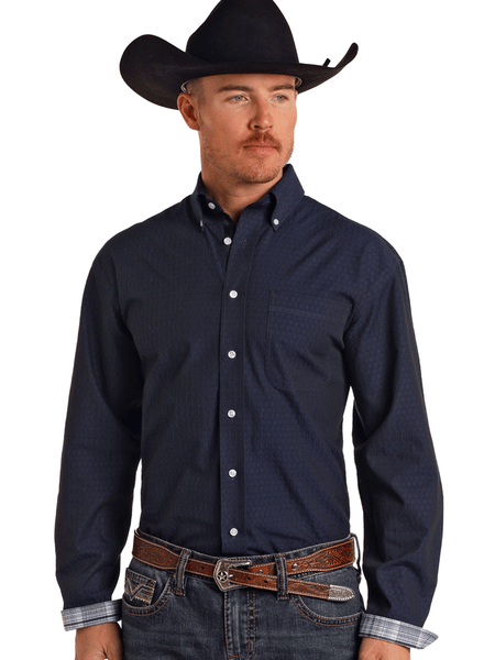 Panhandle RMB2S03168 Mens Rough Stock Long Sleeve Snap Shirt Navy front view. If you need any assistance with this item or the purchase of this item please call us at five six one seven four eight eight eight zero one Monday through Saturday 10:00a.m EST to 8:00 p.m EST