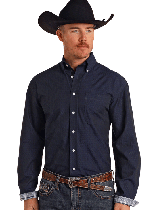 Panhandle RMB2S03168 Mens Rough Stock Long Sleeve Snap Shirt Navy front view. If you need any assistance with this item or the purchase of this item please call us at five six one seven four eight eight eight zero one Monday through Saturday 10:00a.m EST to 8:00 p.m EST