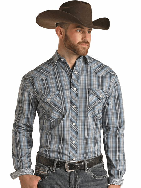 Panhandle RMN2S02804 Mens Long Sleeve Snap Plaid Western Shirt Navy front view. If you need any assistance with this item or the purchase of this item please call us at five six one seven four eight eight eight zero one Monday through Saturday 10:00a.m EST to 8:00 p.m EST