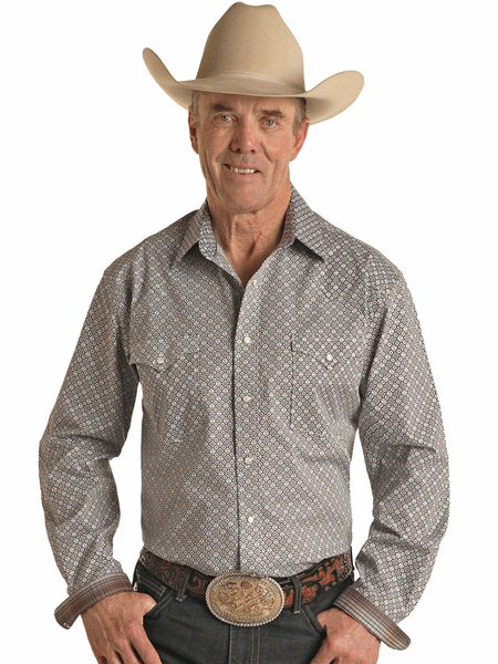 Panhandle RMN2S02812 Mens Long Sleeve Snap Western Shirt Brown front view on model. If you need any assistance with this item or the purchase of this item please call us at five six one seven four eight eight eight zero one Monday through Saturday 10:00a.m EST to 8:00 p.m EST