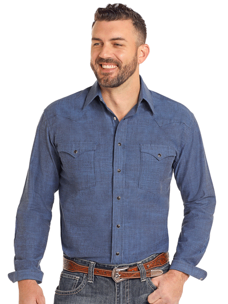 Panhandle RMN2S04587 Mens Rough Stock Long Sleeve Snap Shirt Navy front view. If you need any assistance with this item or the purchase of this item please call us at five six one seven four eight eight eight zero one Monday through Saturday 10:00a.m EST to 8:00 p.m EST