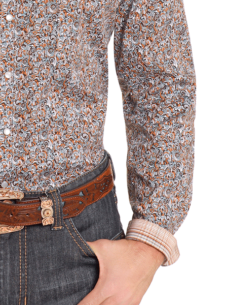 Panhandle RMN2S04598 Mens Long Sleeve Snap Western Shirt Orange cuff close up view. If you need any assistance with this item or the purchase of this item please call us at five six one seven four eight eight eight zero one Monday through Saturday 10:00a.m EST to 8:00 p.m EST