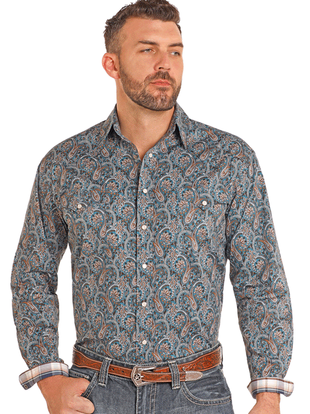 Panhandle RMN2S04604 Mens Long Sleeve Snap Western Shirt Teal front view. If you need any assistance with this item or the purchase of this item please call us at five six one seven four eight eight eight zero one Monday through Saturday 10:00a.m EST to 8:00 p.m EST