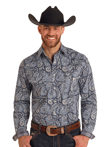 Panhandle RMN2S05092 Mens Rough Stock Snap Long Sleeve Paisley Shirt Navy front view. If you need any assistance with this item or the purchase of this item please call us at five six one seven four eight eight eight zero one Monday through Saturday 10:00a.m EST to 8:00 p.m EST