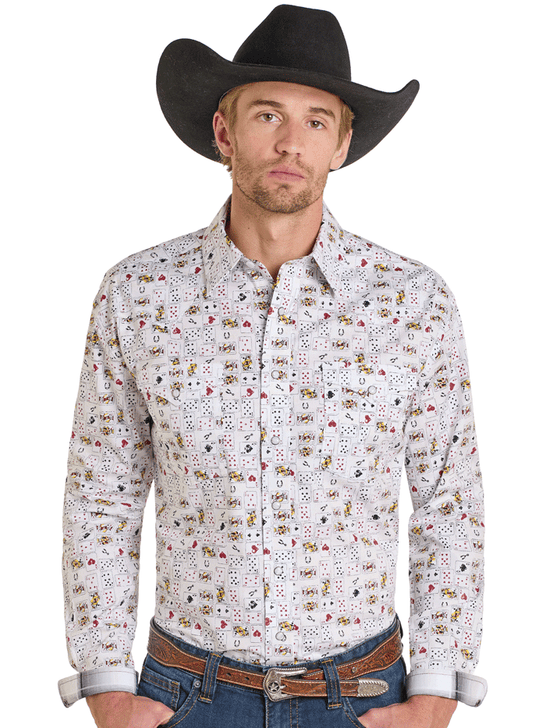 Panhandle RMN2S07104 Mens Gambler Pearl Snap Long Sleeve Shirt White front view. If you need any assistance with this item or the purchase of this item please call us at five six one seven four eight eight eight zero one Monday through Saturday 10:00a.m EST to 8:00 p.m EST