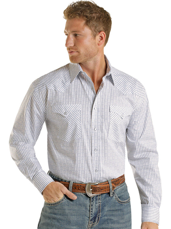 Panhandle RMN2S08922 Mens Rough Stock Snap Long Sleeve Shirt Blue front view. If you need any assistance with this item or the purchase of this item please call us at five six one seven four eight eight eight zero one Monday through Saturday 10:00a.m EST to 8:00 p.m EST