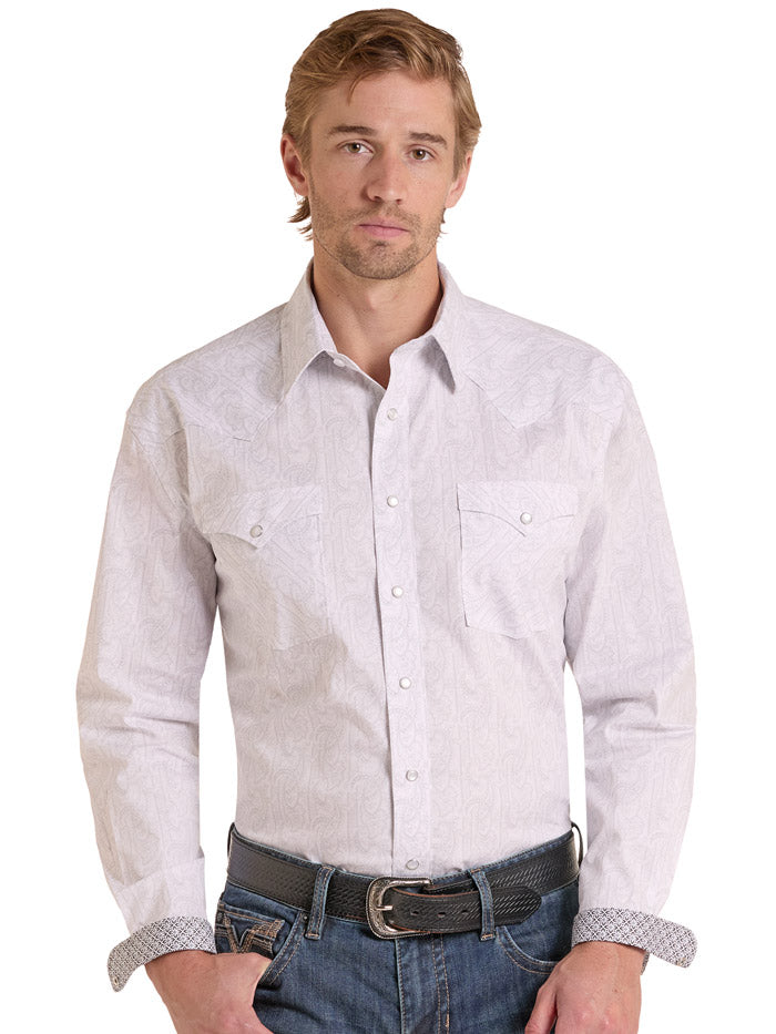 Panhandle RMN2S09543 Mens Rough Stock Paisley Long Sleeve Shirt Silver front view. If you need any assistance with this item or the purchase of this item please call us at five six one seven four eight eight eight zero one Monday through Saturday 10:00a.m EST to 8:00 p.m EST