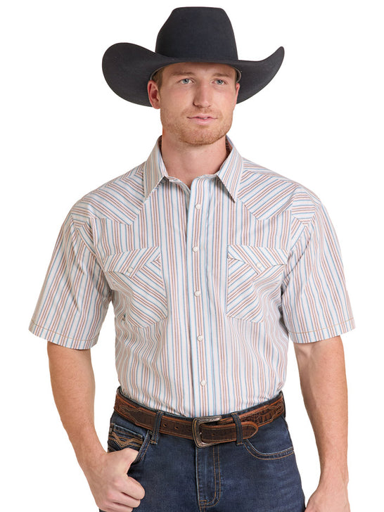A man wearing a short-sleeve western button-up shirt with vertical and geometric stripes in beige, orange, and blue, paired with a black cowboy hat, brown leather belt, and dark blue jeans against a white background. If you need any assistance with this item or the purchase of this item please call us at five six one seven four eight eight eight zero one Monday through Saturday 10:00a.m EST to 8:00 p.m EST