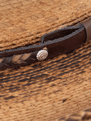 Resistol RSGBYSBJA41 Jason Aldean Georgia Boy Fittet Straw Hat Flame Burned close up. If you need any assistance with this item or the purchase of this item please call us at five six one seven four eight eight eight zero one Monday through Saturday 10:00a.m EST to 8:00 p.m EST