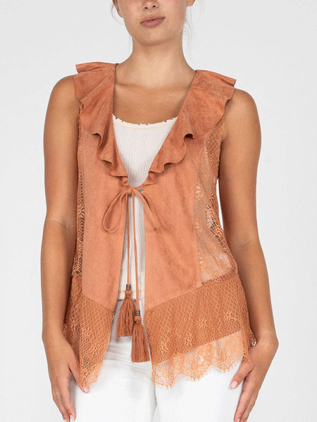 Miss Me MJ0629T Womens Ruffled Vest Jacket Orange front view. If you need any assistance with this item or the purchase of this item please call us at five six one seven four eight eight eight zero one Monday through Saturday 10:00a.m EST to 8:00 p.m EST
