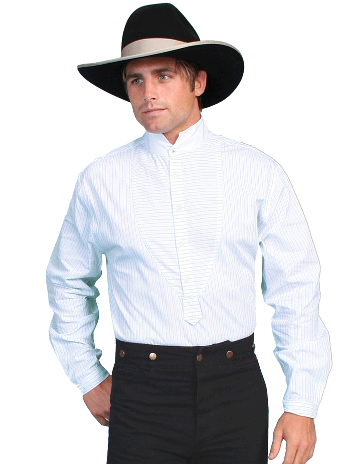 Scully RW058 -WHT Mens Pinstripe Yarn Dye Bib Western Shirt White front view on model. If you need any assistance with this item or the purchase of this item please call us at five six one seven four eight eight eight zero one Monday through Saturday 10:00a.m EST to 8:00 p.m EST