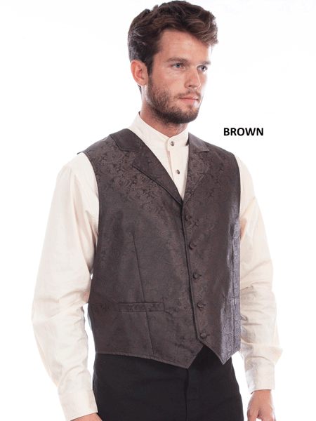 Scully RW093 Mens Rangewear Paisley Button Vest In Brown front view. If you need any assistance with this item or the purchase of this item please call us at five six one seven four eight eight eight zero one Monday through Saturday 10:00a.m EST to 8:00 p.m EST
