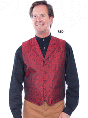 Scully RW093 Mens Rangewear Paisley Button Vest In Red front view. If you need any assistance with this item or the purchase of this item please call us at five six one seven four eight eight eight zero one Monday through Saturday 10:00a.m EST to 8:00 p.m EST
