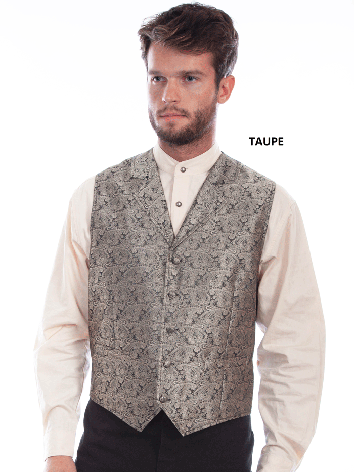 Scully RW093 Mens Rangewear Paisley Button Vest In Various Colors. If you need any assistance with this item or the purchase of this item please call us at five six one seven four eight eight eight zero one Monday through Saturday 10:00a.m EST to 8:00 p.m EST