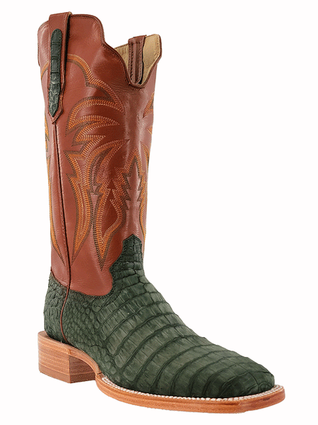 R.Watson RW2006-2 Mens Caiman Belly Western Boots Nubuck Olive Green front and side view. If you need any assistance with this item or the purchase of this item please call us at five six one seven four eight eight eight zero one Monday through Saturday 10:00a.m EST to 8:00 p.m EST