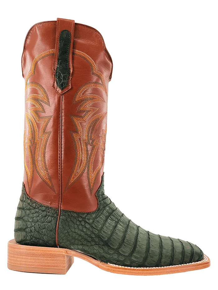 R.Watson RW2006-2 Mens Caiman Belly Western Boots Nubuck Olive Green front and side view. If you need any assistance with this item or the purchase of this item please call us at five six one seven four eight eight eight zero one Monday through Saturday 10:00a.m EST to 8:00 p.m EST