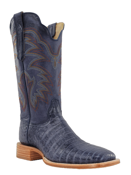 R.Watson RW2502-2 Mens Caiman Belly Wide Square Boots Blue Jean side / front view. If you need any assistance with this item or the purchase of this item please call us at five six one seven four eight eight eight zero one Monday through Saturday 10:00a.m EST to 8:00 p.m EST