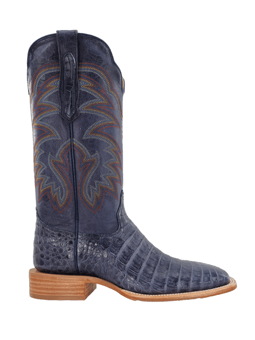 R.Watson RW2502-2 Mens Caiman Belly Wide Square Boots Blue Jean side / front view. If you need any assistance with this item or the purchase of this item please call us at five six one seven four eight eight eight zero one Monday through Saturday 10:00a.m EST to 8:00 p.m EST