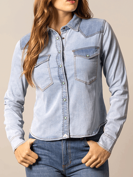 Kimes Ranch RAYNA Womens Western Shirt Light Wash Indigo front view.If you need any assistance with this item or the purchase of this item please call us at five six one seven four eight eight eight zero one Monday through Saturday 10:00a.m EST to 8:00 p.m EST 
