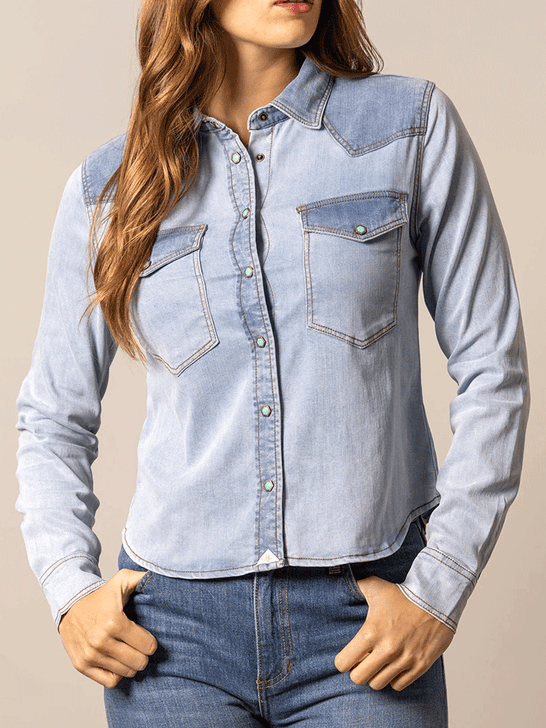 Kimes Ranch RAYNA Womens Western Shirt Light Wash Indigo front view.If you need any assistance with this item or the purchase of this item please call us at five six one seven four eight eight eight zero one Monday through Saturday 10:00a.m EST to 8:00 p.m EST 