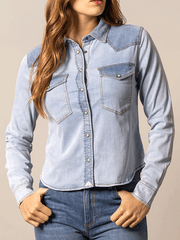 Kimes Ranch RAYNA Womens Western Shirt Light Wash Indigo front view.If you need any assistance with this item or the purchase of this item please call us at five six one seven four eight eight eight zero one Monday through Saturday 10:00a.m EST to 8:00 p.m EST 