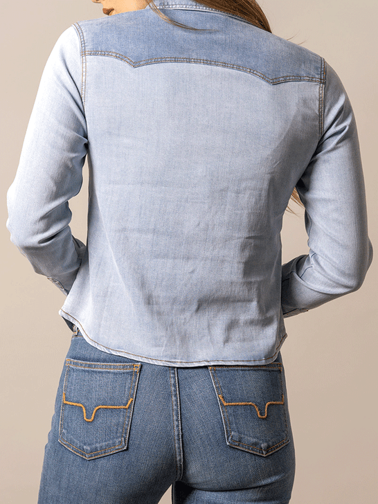 Kimes Ranch RAYNA Womens Western Shirt Light Wash Indigo back view. If you need any assistance with this item or the purchase of this item please call us at five six one seven four eight eight eight zero one Monday through Saturday 10:00a.m EST to 8:00 p.m EST