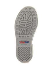 The outsole of a gray slip-resistant shoe, featuring a textured tread pattern and the 'XTRA UP' brand logo printed near the heel. If you need any assistance with this item or the purchase of this item please call us at five six one seven four eight eight eight zero one Monday through Saturday 10:00a.m EST to 8:00 p.m EST
