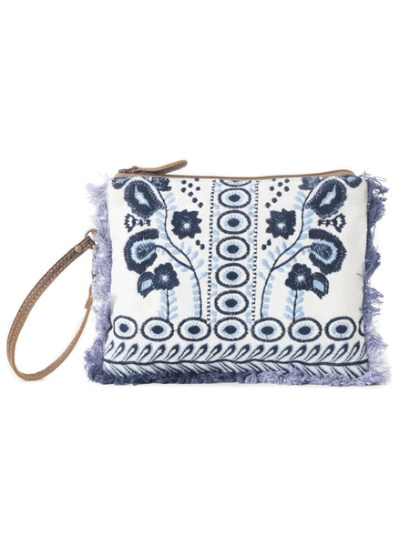 Myra Bag S-12807 Womens  Mynora Sky Embroided Pouch in Artisanal Blue front view. If you need any assistance with this item or the purchase of this item please call us at five six one seven four eight eight eight zero one Monday through Saturday 10:00a.m EST to 8:00 p.m EST
