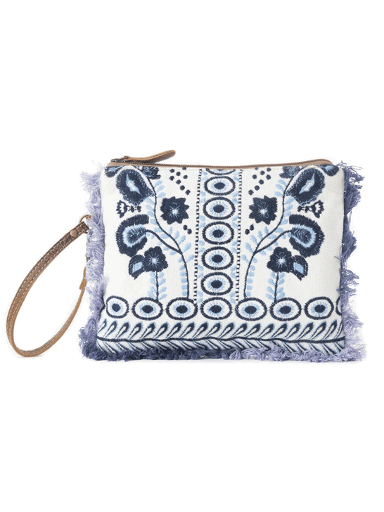 Myra Bag S-12807 Womens  Mynora Sky Embroided Pouch in Artisanal Blue front view. If you need any assistance with this item or the purchase of this item please call us at five six one seven four eight eight eight zero one Monday through Saturday 10:00a.m EST to 8:00 p.m EST
